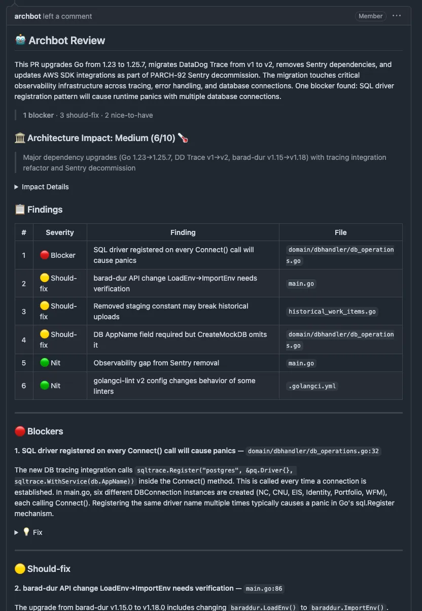Archbot code review showing a 🔴 Blocker finding about SQL driver registration with specific file reference, detailed explanation of the panic risk, and a suggested fix