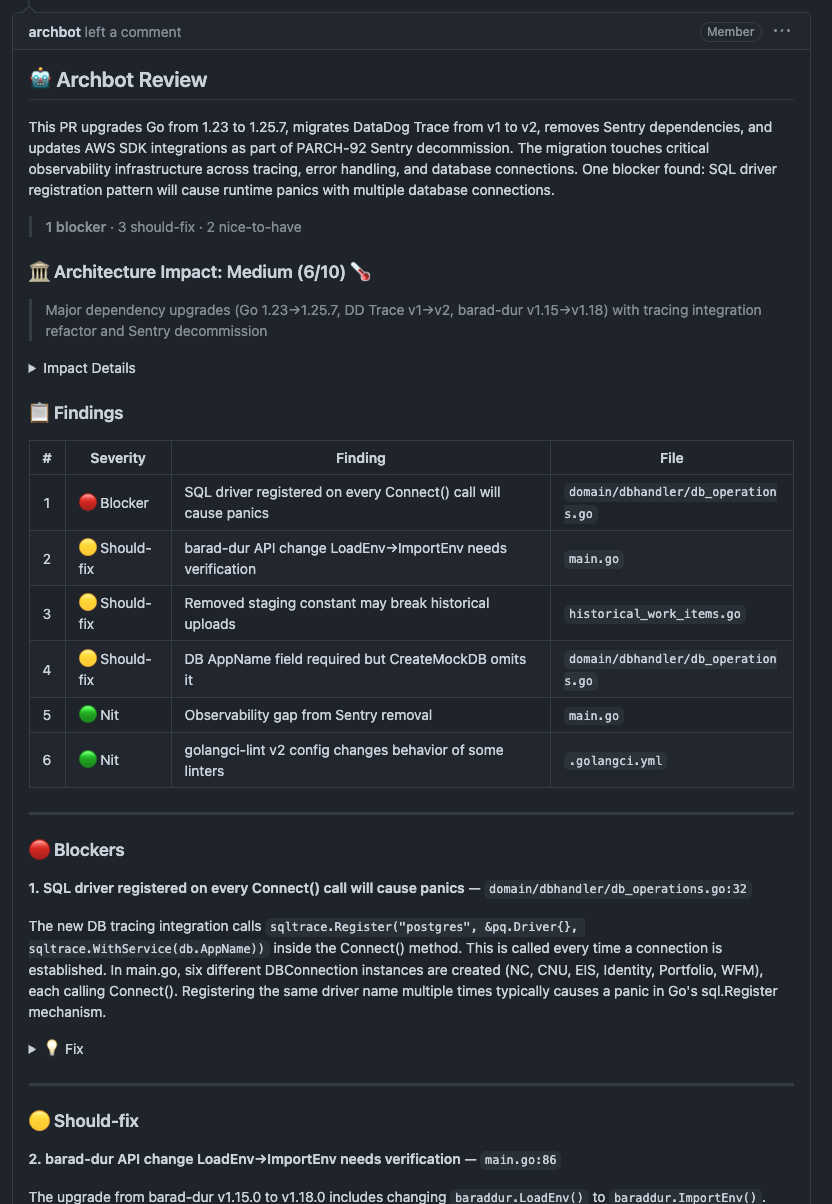 Archbot code review showing a 🔴 Blocker finding about SQL driver registration with specific file reference, detailed explanation of the panic risk, and a suggested fix