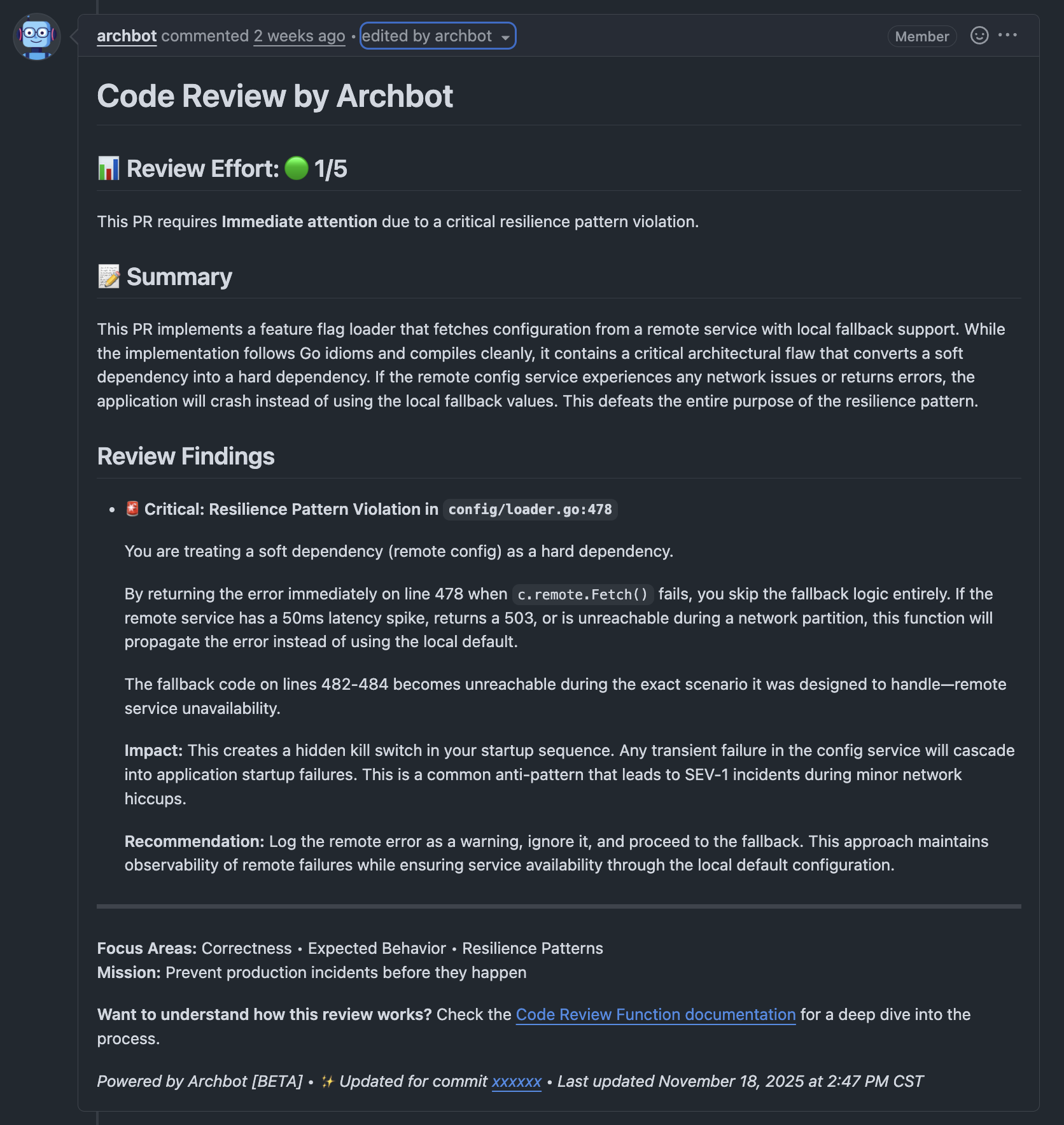 Example of PR review comment