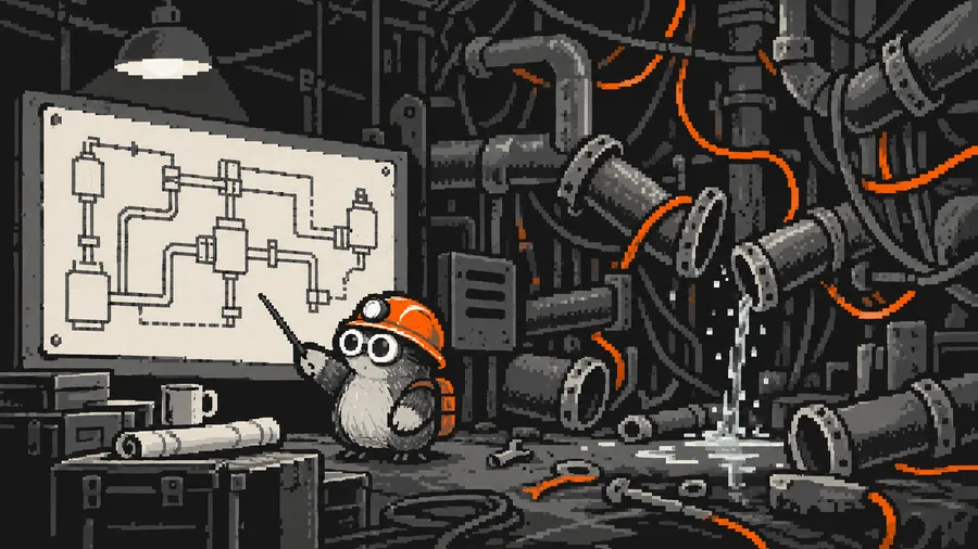 A mole points proudly at a neat blueprint while pipes and wires drift out of place behind it.