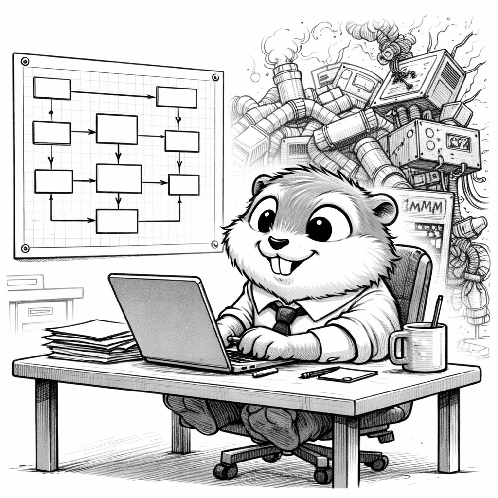 A gopher standing in front of a clean architectural blueprint on the wall, oblivious to the chaotic system drifting apart behind them.