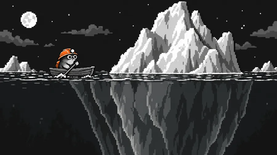 A mole rows a tiny boat around an iceberg whose bulk hides below the waterline.
