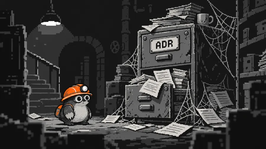 A mole walks past a dusty filing cabinet labeled ADR, thick with cobwebs and spilling papers.