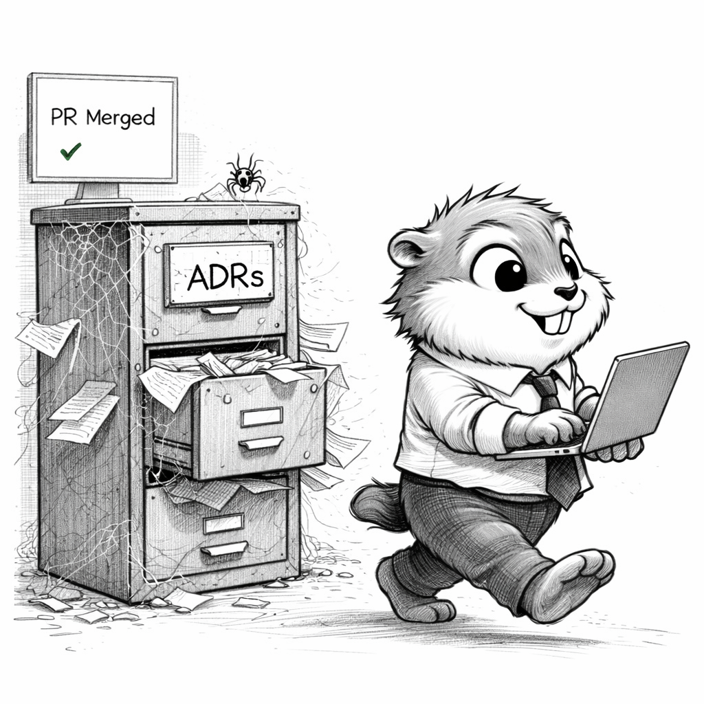 A gopher walking past a dusty filing cabinet labeled ADRs with cobwebs and spilling papers, while a monitor in the background shows a merged PR.