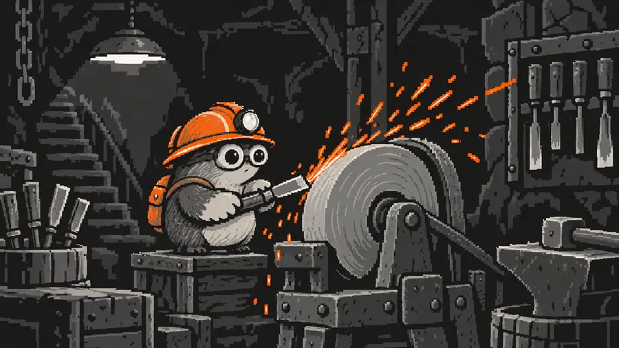 A mole sharpens a chisel on a spinning grindstone, sparks flying.