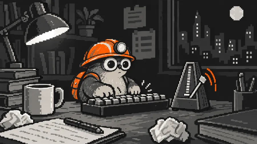 A mole practices on a tiny keyboard while a metronome ticks beside it.