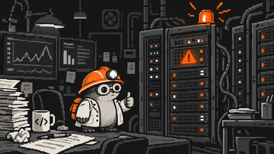 A mole in a lab coat gives a calm thumbs-up beside a server rack with a red warning light.