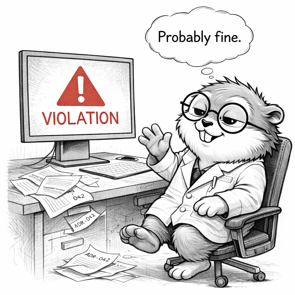 A gopher in a lab coat dismissing a clear violation on screen with a thought bubble reading 'Probably fine' while ADR papers sit ignored on the desk.
