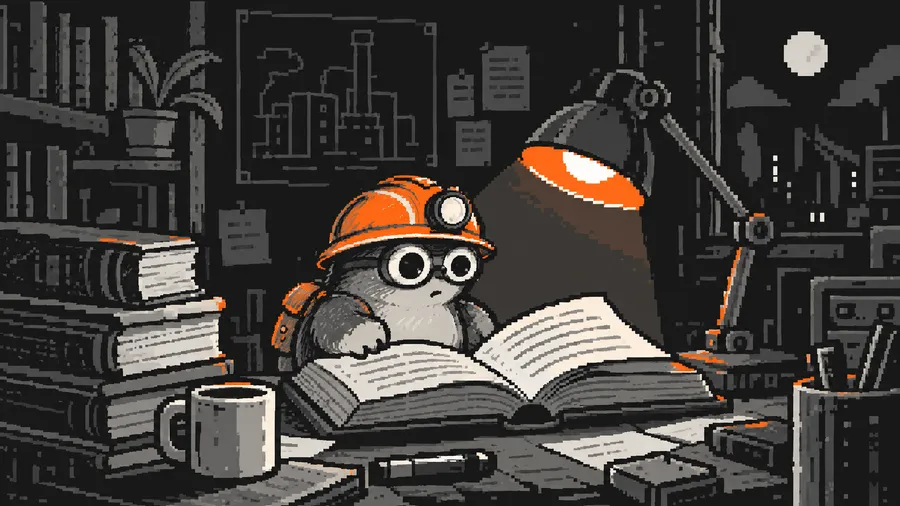 A mole reads a large open book under the cone of a desk lamp.