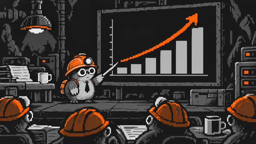 A mole in an orange hardhat and a business tie points at a bar chart climbing steeply upward.