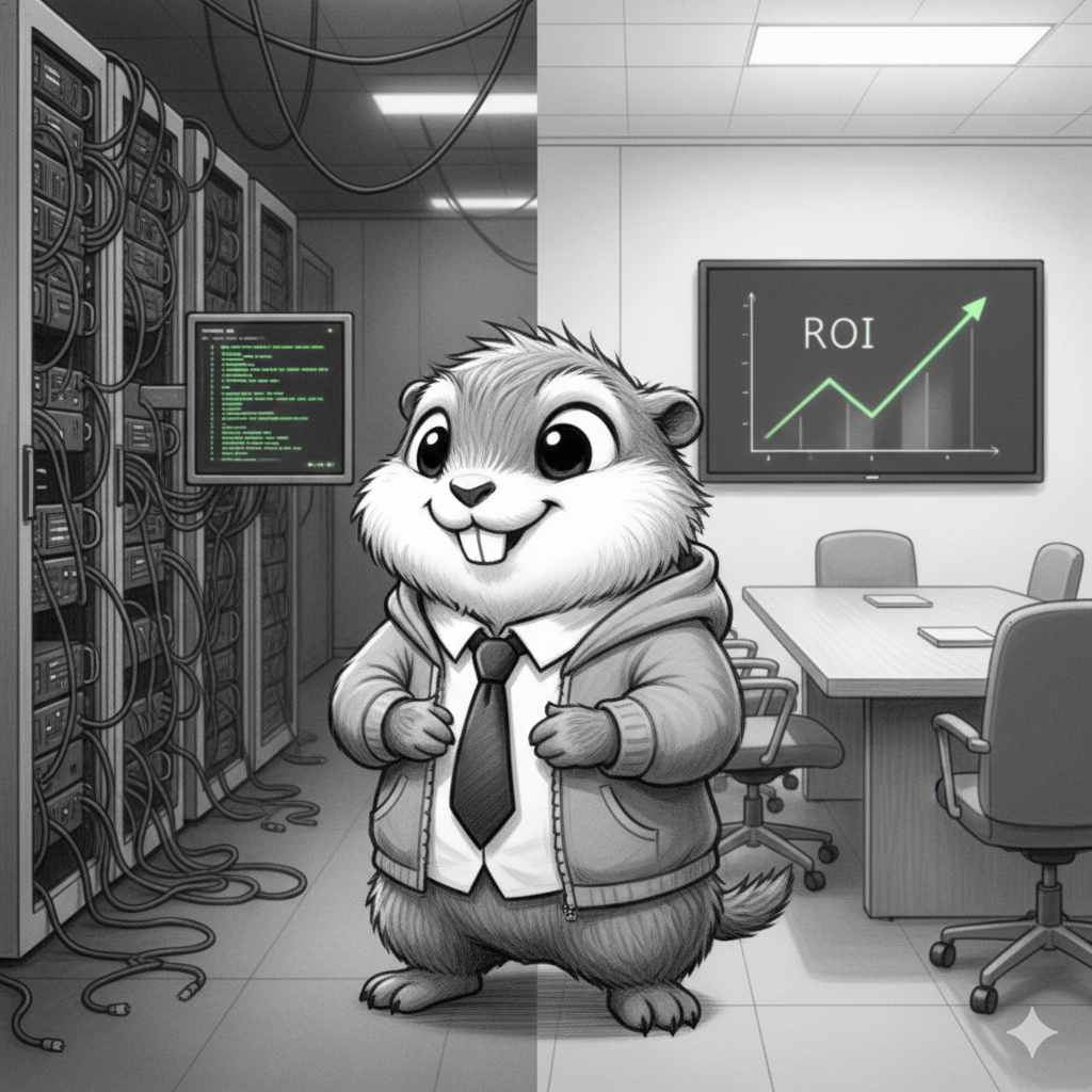 A professional gopher in business attire standing in a conference room with an ROI chart showing upward growth.