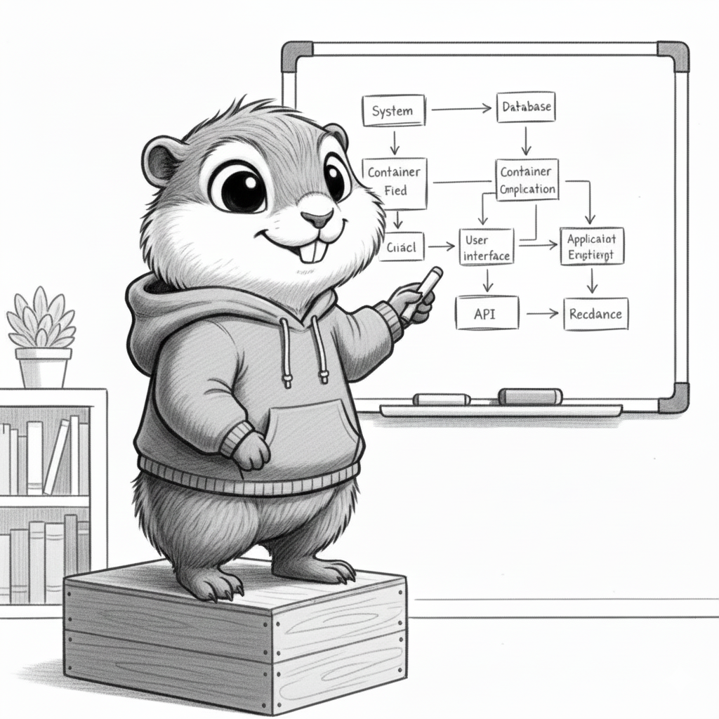 A gopher presenting an architecture diagram on a whiteboard, showing system components and their relationships.