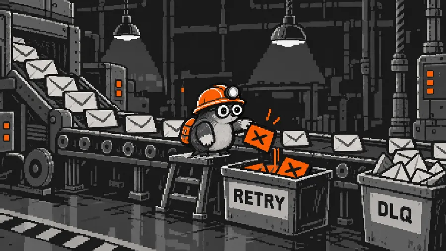 A mole plucks a red failed envelope from a stream of paper envelopes into a retry bin, with a grey dead-letter bin at the end.