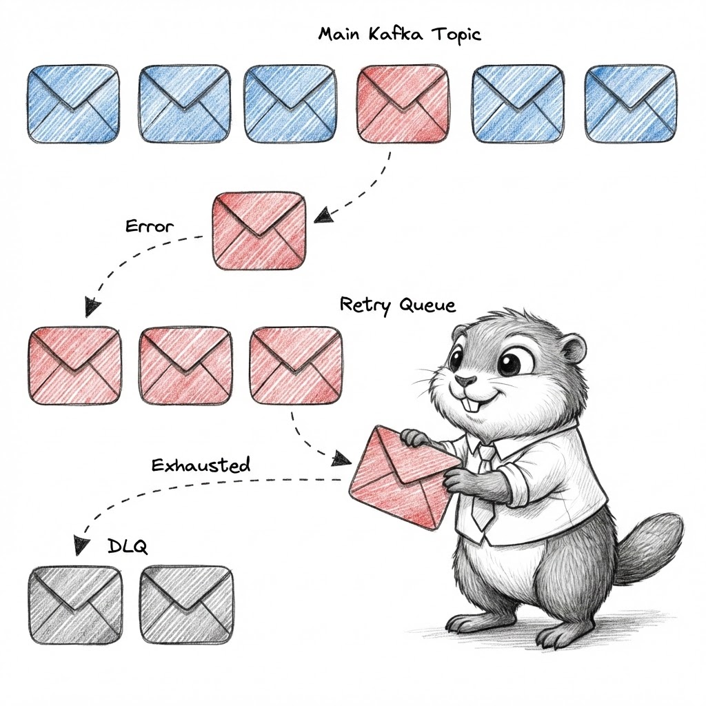 Three kafka topics with messages inside of it and a Golang gopher running to retry.