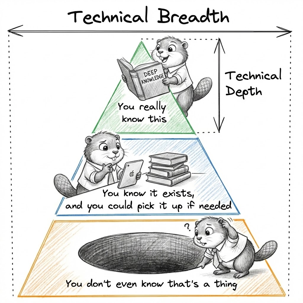 Pyramid with technical depth at the top and technical breadth at the bottom.